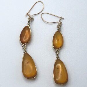 Amber Dangle Earrings Gold Tone Wire Wrapped